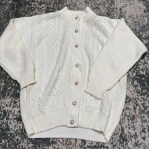 Vintage Acrylic Cardigan Sweater England Ivory Pearl Buttons Womens Medium